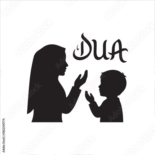 Mother and child in prayer silhouette with Arabic dua text