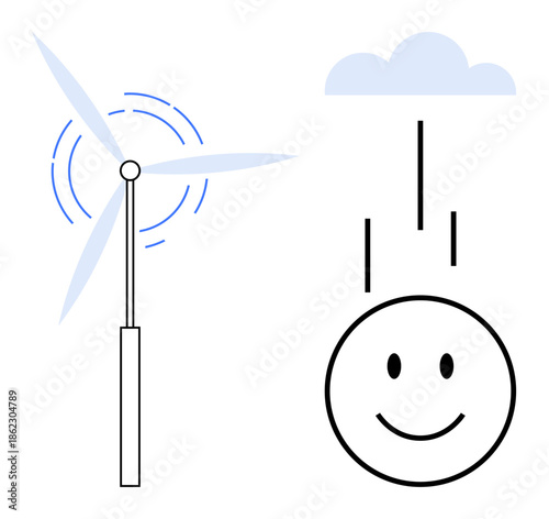 Renewable energy. Wind turbine generating clean power, rain clouds, and happy smiling emblem promoting renewable energy. Renewable energy for sustainability, green innovation, eco technologies