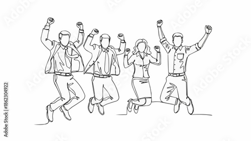 Four people jumping in the air celebrating success.