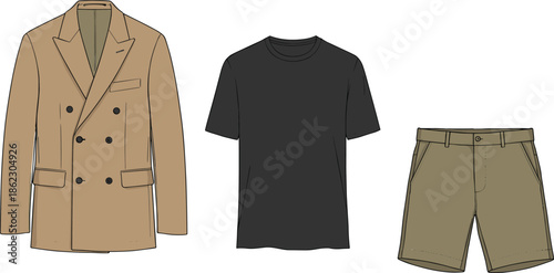 CAD flat vector illustration showing men's blazer, t-shirt, and shorts front view for fashion design, garment sketch, clothing template