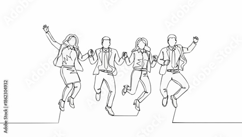 Four people jumping in the air holding hands in a line.