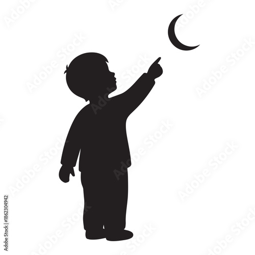 Little boy pointing at crescent moon in night sky with wonder