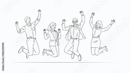 Four people jumping in the air with excitement and joy.
