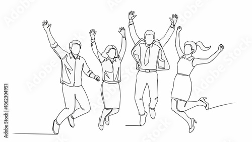Four people jumping in the air with excitement and joy.