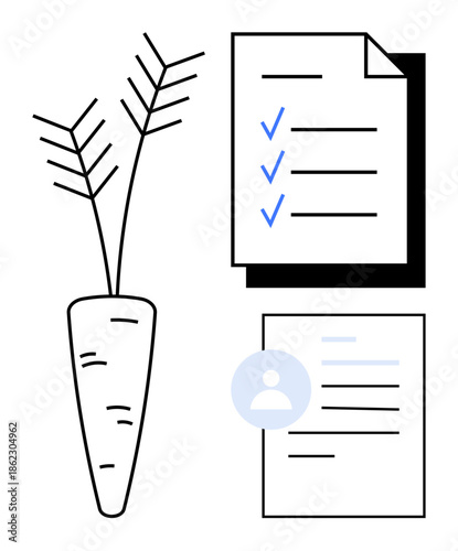 Nutrition, meal planning, personal management, health tracking, diet tracking, profile records. A carrot, checklist with blue checkmarks and document with profile icon. Nutrition and meal planning