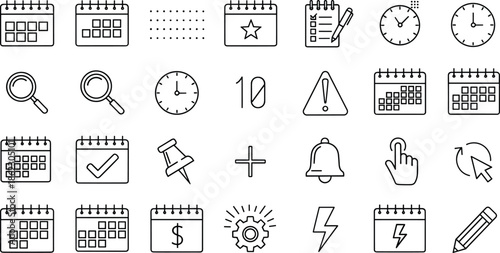 Calendar icons set, schedule planning, clock, stopwatch, checklist, reminder, alert, notification, time management, task organization, event dates, 
