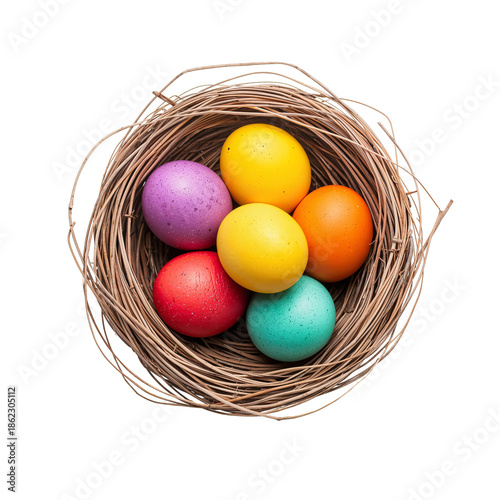 Colorful Eggs Placed in a Brown Nest During a Spring Celebration With Festive...