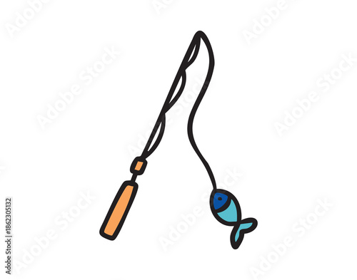 Fishing rod with caught fish, hand drawn doodle