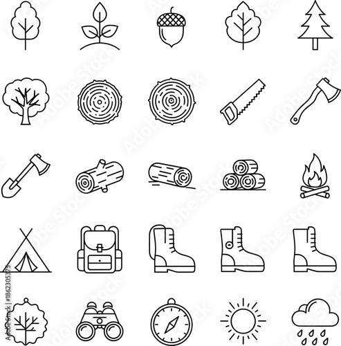Camping and forestry icons set, trees, wood logs, hiking gear, outdoor adventure, axe, weather symbols, compass, tent, fire
