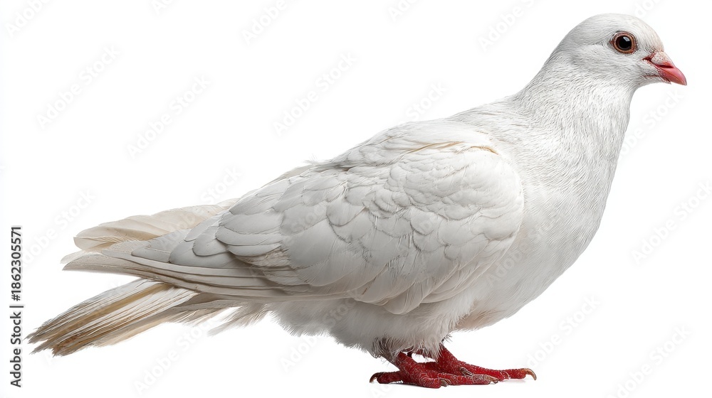 Obraz premium A white pigeon stands on a flat surface. Its feathers are bright and clean. The bird's eyes are round and its beak is short. The setting appears to be indoors or a controlled environment.