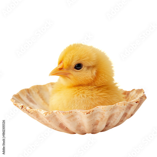 Chick Resting in a Shell Bowl With Soft Feathers in a Cozy Indoor Setting