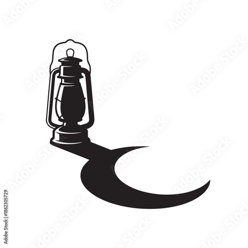 Vintage lantern casting long shadow on white background