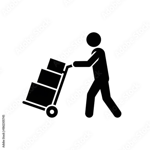 delivery man with hand truck and boxes silhouette vector icon