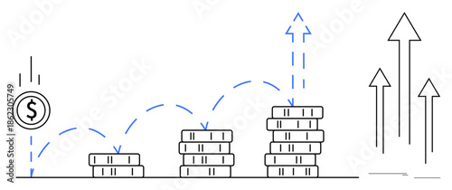 Coin stacks increase in height with blue dashed lines showing upward motion. Arrows indicate financial growth, profit, and success. Ideal for investment, savings, finance, strategy, business