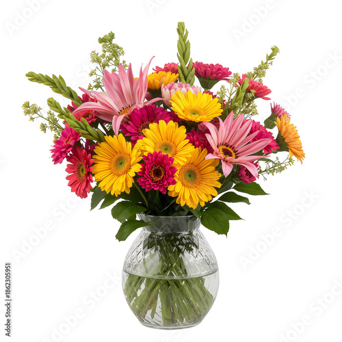 Bright Flowers in a Clear Vase on a Plain Background for Decoration and Gifting