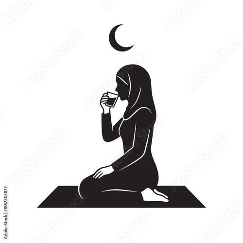 Woman in hijab drinking coffee under crescent moon at night