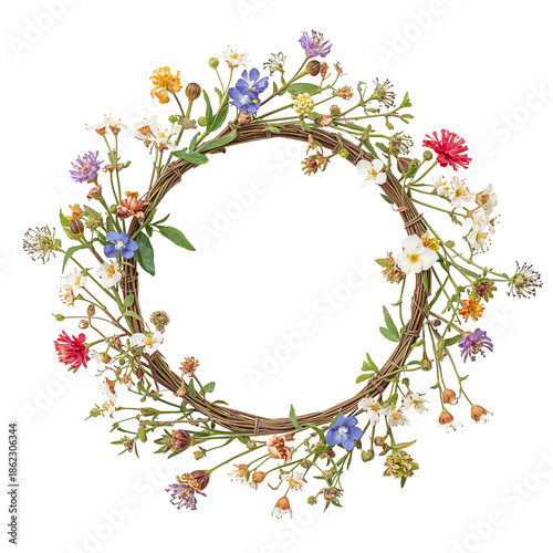 Colorful Flower Wreath Made of Various Blooms Arranged on a Circular Frame