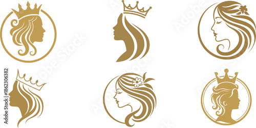 Set of elegant feminine queen logos with golden silhouettes, royal crowns and floral hair for beauty branding