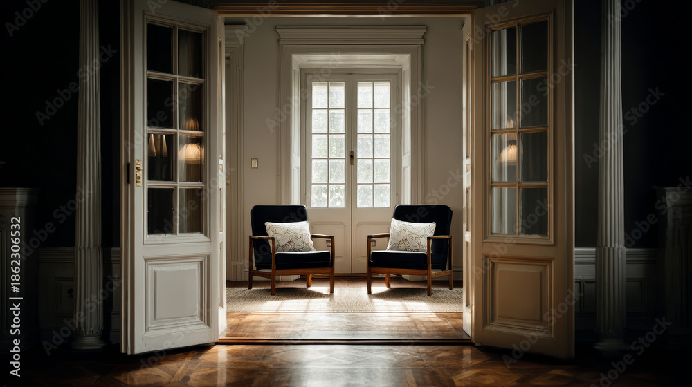 Fototapeta premium “Two Black Chairs with White Cushions Facing Open Doors at Home – Minimal Interior Scene”