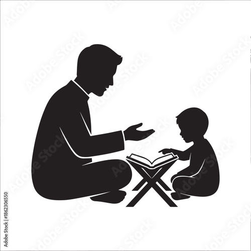 Man and child reading book together in quiet moment