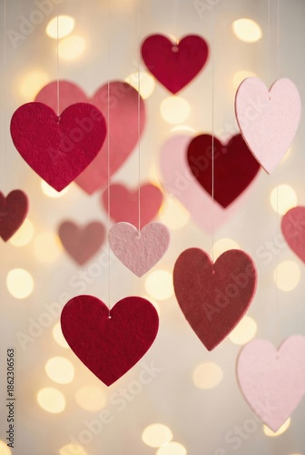 Romantic hanging hearts with warm glowing lights background