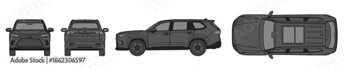 Modern SUV Car Vector Illustration Set, Front Side Rear and Top Views