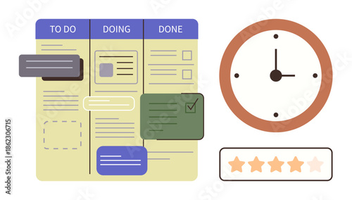 Kanban board showing tasks sorted by status, clock indicating time management, and five-star rating. Ideal for project planning, productivity, time tracking, organization, workflow management