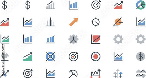 Financial chart icons set including dollar sign bar graph line chart arrow target gear and clock symbols