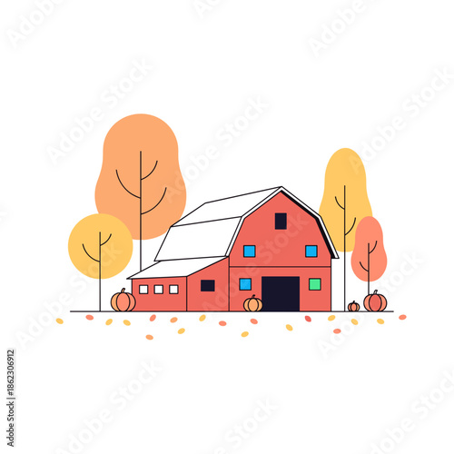 Red barn surrounded by autumn trees and pumpkins in fall season  