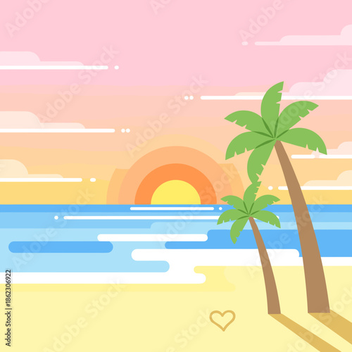 Tropical beach sunset with palm trees and colorful sky  