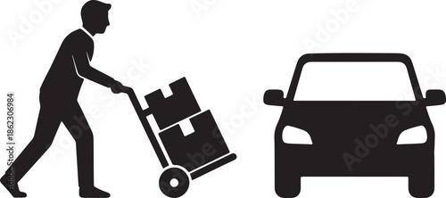 Black silhouette of a man pushing a hand truck with two boxes towards a car also transparent background