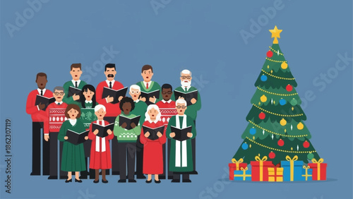 Diverse Group of People Singing Christmas Carols Next to Decorated Tree.