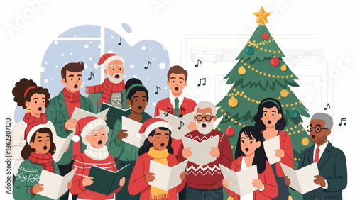 Diverse Group of People Singing Christmas Carols Together.
