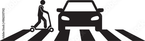 Pedestrian on scooter crossing road in front of car on zebra crossing also transparent background road crossing