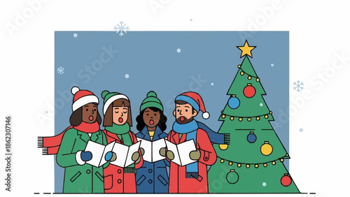 Diverse Group of People Singing Christmas Carols Together.