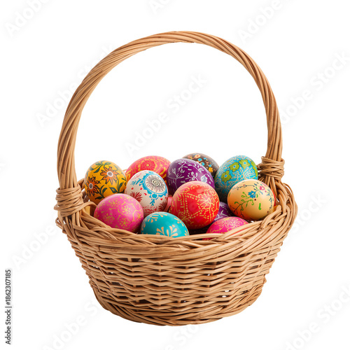 Colorful Eggs in a Woven Basket Placed on a Flat Surface During a Spring Cele...