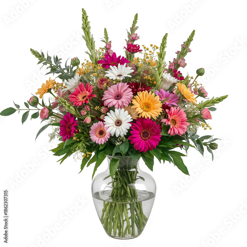 Colorful Bouquet of Flowers in a Clear Vase With Various Blooms Arranged Toge...