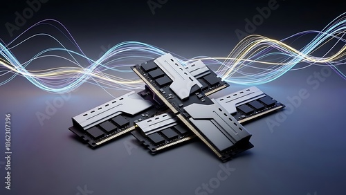 Multiple RAM Modules Interconnected with Swirling Lines of Light on Dark Background
