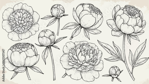 Collection of hand-drawn peony flowers and buds in sketch style.