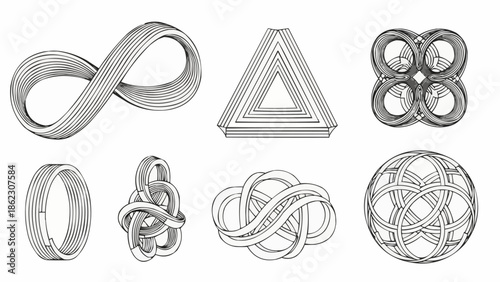 Collection of mathematical and optical illusion geometric shapes.