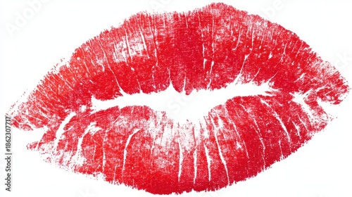 A bright red kiss mark is displayed on a white surface. The lip impressions show clear details of the textures and patterns. This mark conveys a sense of affection.