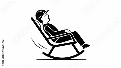 Construction worker relaxing in a rocking chair wearing a hard hat.
