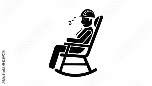 Construction worker sleeping in a rocking chair on break.