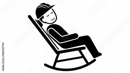 Construction worker relaxing in a rocking chair with a hard hat.