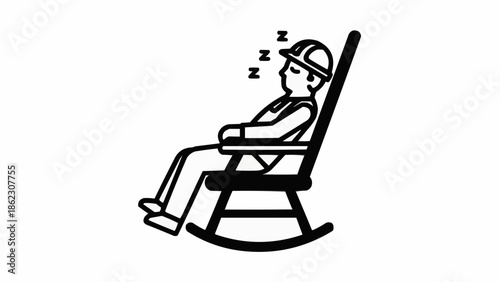 Construction worker sleeping in rocking chair exhausted from hard work.