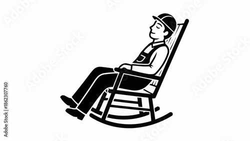 Construction worker taking a nap in a rocking chair.