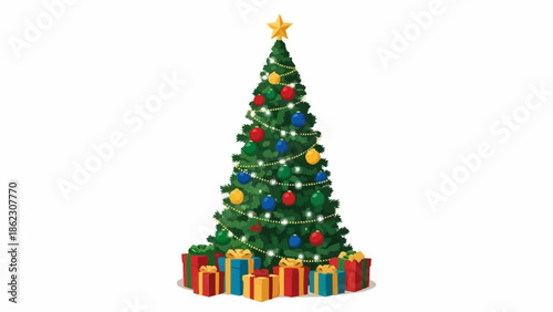 Decorated Christmas Tree with Presents Underneath.