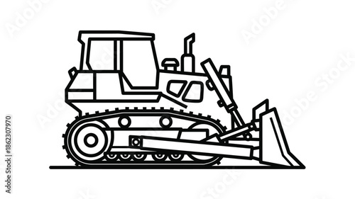 Simple black and white illustration of a heavy duty bulldozer machine with a front blade