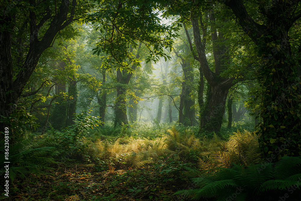 Fototapeta premium Serene Forest Scene Bathed in Soft Light and Lush Greenery
