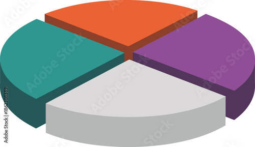 Four segments 3d exploded pie chart diagram showing data segmentation for business reporting and statistical analysis